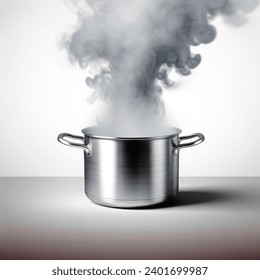 Advertising - product photo of a stainless steel pot gives off heavy smoke