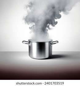 Advertising - product photo of a stainless steel pot gives off heavy smoke