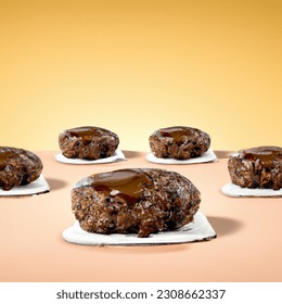 Advertising - testimonial photo of 6 salisbury steak patties, lightly sauced, mound, patties on different angles