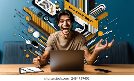 Advertising - testimonial photo of there is a very happy young person of latin origin who is sitting with his laptop, he is happy to have a labor contract, the background is flat with 3D elements of labor contracting, the style of the entire composition