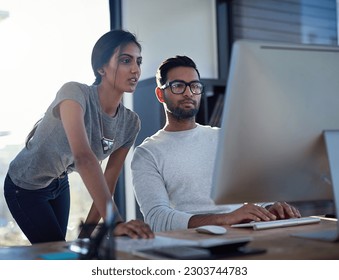 Advice, talking and business people with a computer for training, strategy and collaboration. Teamwork, management and employees working on an online project together with a pc for connectivity - Shutterstock ID 2303744783