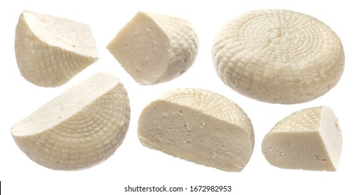 Adyghe Cheese, Whole And Sliced Round Soft Cheese Isolated On White Background