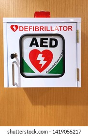 AED Defibrillator Kit On The Wall. 