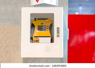 AED Heart Defibrillator On A Wall In Public Location