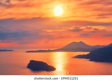 Aegean Sea With Greek Islands View On Sunset. Cape Sounion, Greece