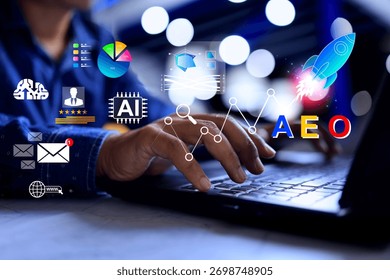 AEO answer engine optimization concept with a man working on laptop computer