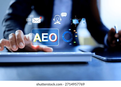 AEO answer engine optimization concept with businessman working on computer to optimizing answer user queries definitive ai answer in artificial intelligence search results