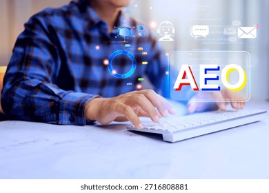 AEO answer engine optimization concept with a man working on computer to optimizing answer user queries definitive ai answer in artificial intelligence search results