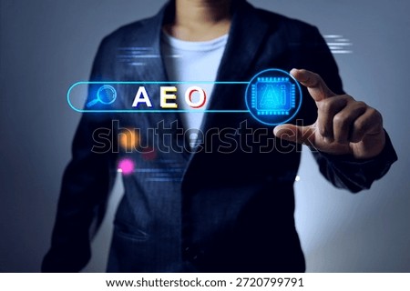 AEO answer engine optimization concept with businessman holding search bar represents a critical subset of SEO focused on making content the direct response for AI powered