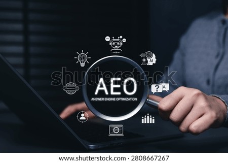 AEO Answer Engine Optimization Concept. Marketer holding magnifying glass and AI search icons, representing content visibility, semantic search, chatbot discovery, digital marketing, SEO strategy, GEO