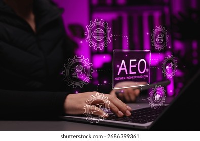 AEO strategy and AI-powered answer engine optimization. Person using laptop with icon labeled AEO and related, symbolizing answer engine optimization, not just links, voice search, smart assistant SEO