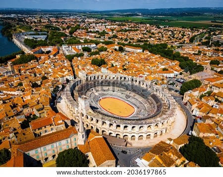 The aerail view of Arles, a city on the RhÃ´ne River in the Provence region of southern France
