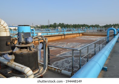 Aerated activated sludge tank at a wastewater treatment plant.