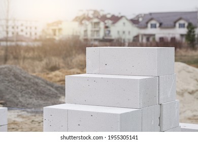 Aerated Concrete On House Background. Unfinished House Wall Made From White Aerated Autoclaved Concrete Blocks