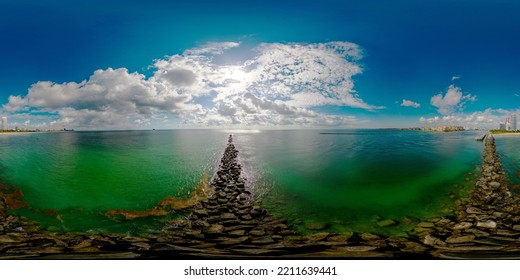 Aerial 360 Equirectangular Photo Miami Beach South Beach Jetty Rocks At Government Cut Inlet