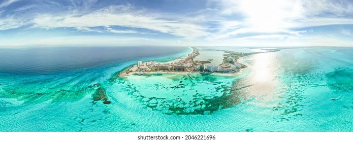 Aerial 360 Panoramic View Of Cancun Beach And City Hotel Zone In Mexico. Caribbean Coast Landscape Of Mexican Resort With Beach Playa Caracol And Kukulcan Road. Riviera Maya In Quintana Roo Region On