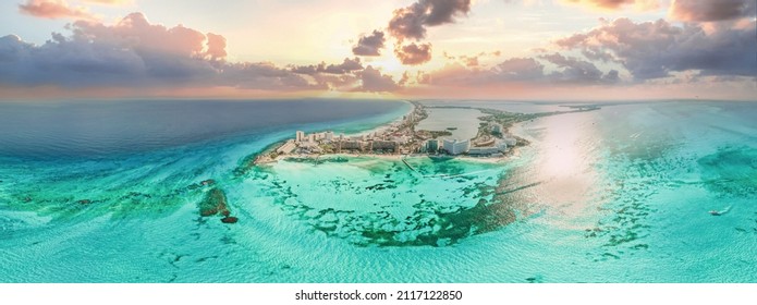 Aerial 360 panoramic view of Cancun beach and city hotel zone in Mexico. Caribbean coast landscape of Mexican resort with beach Playa Caracol and Kukulcan road. Riviera Maya in Quintana roo region on