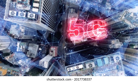 AERIAL. 5G network digital hologram on city background.5G network wireless systems.