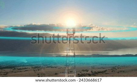 Aerial of 5G Telecom tower station in nature with seascape at sunset, Graphic radiation of micro wave air Electromagnetic pollution concept