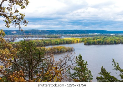 Aerial Above Mississippi River From Effigy Mounds National Monument In Iowa And Wisconsin Across River