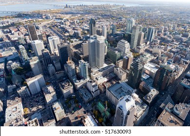 Aerial From From Above Montreal City Center And Its Landmark Buildings, Canada.