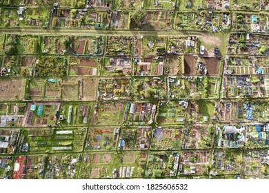 Aerial Above A Patchwork Of Vegetable Allotment Plots