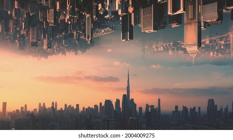 AERIAL. Abstract futuristic concept video of two huge city opposite each other in the sky and epic sunset. - Shutterstock ID 2004009275