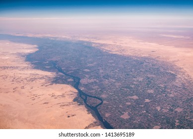 Aerial Airplane View Of Nile River Valley And The Surrounding Sahara Desert, Egypt
