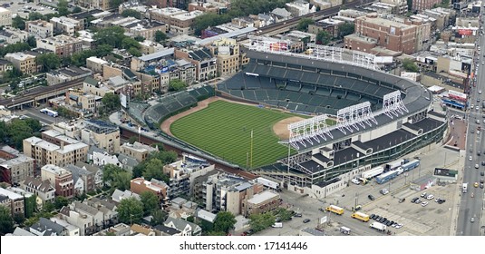 Aerial angle of Wrigley Field in Chicago on a sunny day