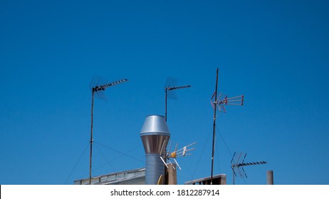 Aerial Antennas, Blue Sky Background, Telecommunication Equipment, 5G, Old School Technology, Outdoor Wiretapping