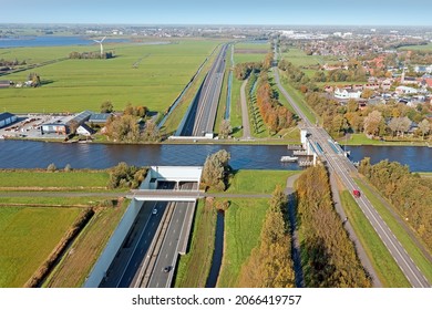 Aerial from aquaduct Prinses Margriet at the highway A7 near UItwellingerga in Friesland the Netherlands