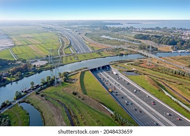 Aerial from Aquaduct Vechtzicht with the river Vecht and the highway A1 in the Netherlands
