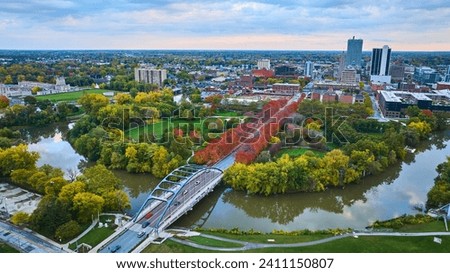 Aerial Autumn Cityscape with River Bridge and Skyline, Fort Wayne