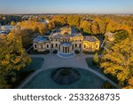 Aerial autumn morning sunrise view of Traku Vokes manor, Lithuania