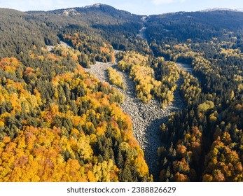 Aerial autumn view of Stone river know as Zlatnite Mostove (Golden Bridges) at Vitosha Mountain, Sofia City Region, Bulgaria