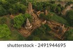 Aerial of Ayutthaya historical park located in Ayutthaya province , Thailand. Ayutthaya Historical Park is a historic site that has been registered as a World Heritage Site from Unesco.