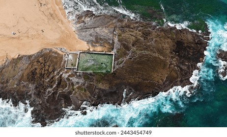 Aerial of a beach rock pool in Sydney Australia