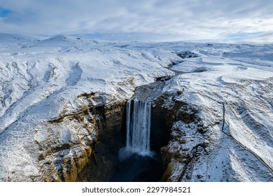 Aerial beautiful spring day view of Skógafoss Waterfall, Iceland