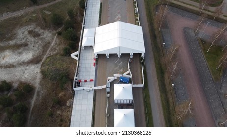 Aerial Bird View Of COVID-19 Drive Through Street Were Healthcare Organization Test For Coronavirus Disease Is A Contagious Sickness Caused By Severe Acute Respiratory Syndrome