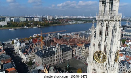 Aerial Bird View Photo Belgium Antwerp Cathedral Of Our Lady In Dutch Onze Lieve Vrouwekathedraal And In Background Showing Great Market Square Situated In Old City Quarter In Background Scheldt River