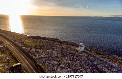 Aerial Birds Eye View Of The Burren National Park. Scenic Tourism Landscape For Unesco World Heritage Site And Global Geopark Geotourism Along The Wild Atlantic Way.