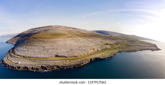 Aerial Birds Eye View Of The Burren National Park. Scenic Tourism Landscape For Unesco World Heritage Site And Global Geopark Geotourism Along The Wild Atlantic Way.