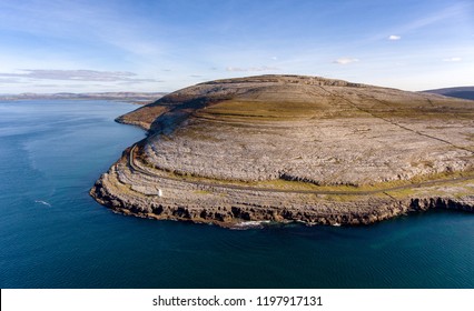 Aerial Birds Eye View Of The Burren National Park. Scenic Tourism Landscape For Unesco World Heritage Site And Global Geopark Geotourism Along The Wild Atlantic Way.