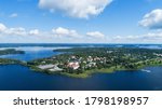 Aerial birds eye view of the Ikaalinen city at sunny summer day in Finland. Aerial panoramic cityscape.	