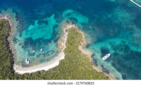 Aerial bird's eye view photo taken by drone of tropical seascape and sandy beach with turquoise clear waters and pine trees. Tropical beach with sea and palm taken from drone.