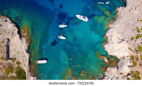 Aerial Birds Eye View Photo Taken By Drone Of Iconic Thermal Springs Of Kalithea With Turquoise Clear Rocky Seascape, Rodos Island, Greece