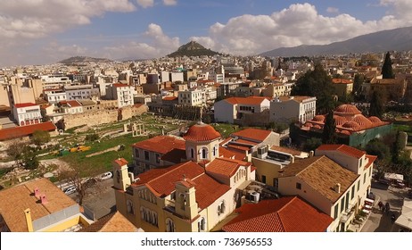 Aerial Birds Eye View Photo Taken By Drone Of Iconic Plaka District, Athens Historic Center, Attica, Greece