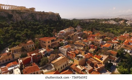 Aerial Birds Eye View Photo Taken By Drone Of Iconic Plaka District And Acropolis Hill, Athens Historic Center, Attica, Greece