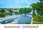 Aerial of Blue Pedestrian Bridge over St. Joseph River in Mishawaka