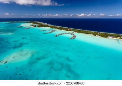 Aerial Bora Bora French Polynesia An Atoll In The Pacific Ocean Overwater Luxury Bungalows Vacation Island Resort Travel Tourism South Pacific